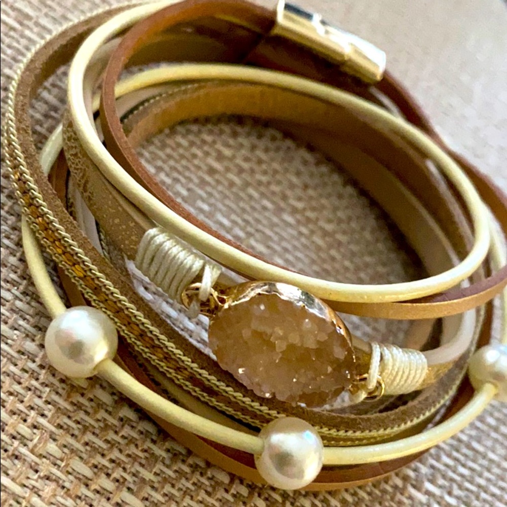 Hand Crafted Agate, Pearl, Leather Layer Bracelet
